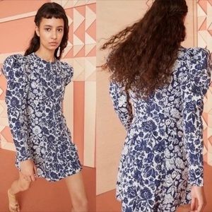 ULLA JOHNSON Wren Floral Patchwork Blue Puff Sleeve Dress